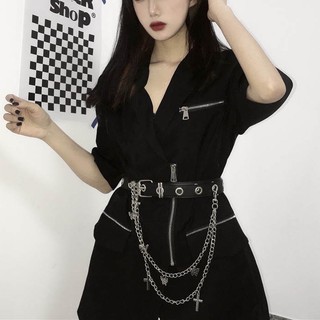 เดรสคอวีกระโปรงสั้นสีดำแต่งซิป แถมเข็มขัด+โซ่🖤🤍