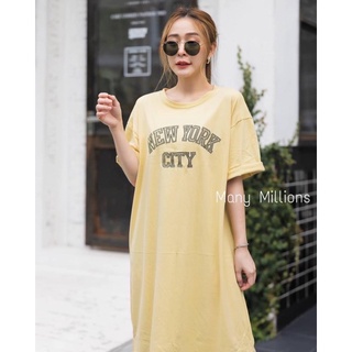 MM-NEW YORK CITY DRESS เดรสคอกลมแขนสั้น ด้านหน้าปักตัวอักษร ทรงปล่อยๆผ่าด้านข้าง เนื้อผ้ายืดใส่สบาย