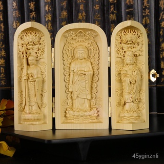พระพุทธรูปแกะสลักไม้สามองค์ Ksitigarbha พระโพธิสัตว์ Sapo Sansheng เครื่องประดับแกะสลักไม้ของขวัญงานฝีมือ NLY6