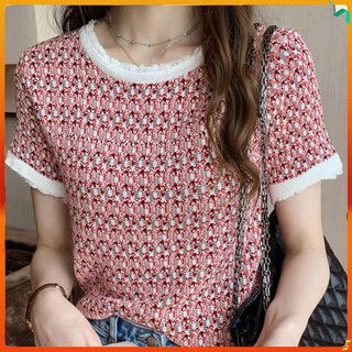 เสื้อยืดแขนสั้นแต่งพู่สไตล์เรโทรสำหรับผู้หญิง