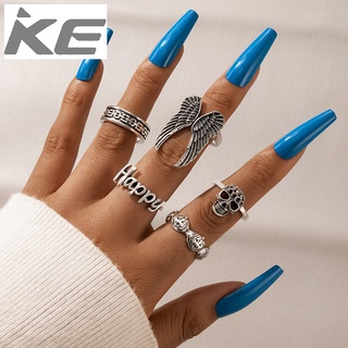 Halloween Fun Rings Wings Skull Grimace Letter HAPPY Geometric Rings 5-Piece Set for girls for