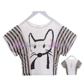 พร้อมส่ง#เสื้อเด็กหญิงสีขาวครีมแต่งด้านข้างด้วยผ้าชีฟองลายทาง