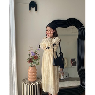 Chuuchop_พร้อมส่ง(C7719) 🧸🥞 CREAMY RIBBON dress เดรสยาวสีครีมผ้าซีฟอง