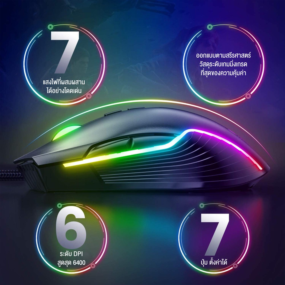 ONIKUMA Mizu Gaming Mouse เกมมิ่งเม้าส์ ออฟติคอลเซ็นเซอร์ระดับเกมมิ่งเกรด 6400 DPI แสงไฟ RGB ตั้ง Macro ได้ 7 ปุ่ม