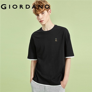 Giordano Men เสื้อแขนสั้นไหล่ตกoversize แบบปลอมสอง แบบถักหน้าอก Free Shipping 13020205 BCFA