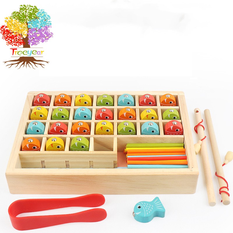 Treeyear Wooden Magnetic Fishing Game, Fine Motor Skill Toy ABC Alphabet Color Sorting Puzzle, Montessori Letters Cognition Preschool Gift for Years Old Kid Early Learning with 2 Pole