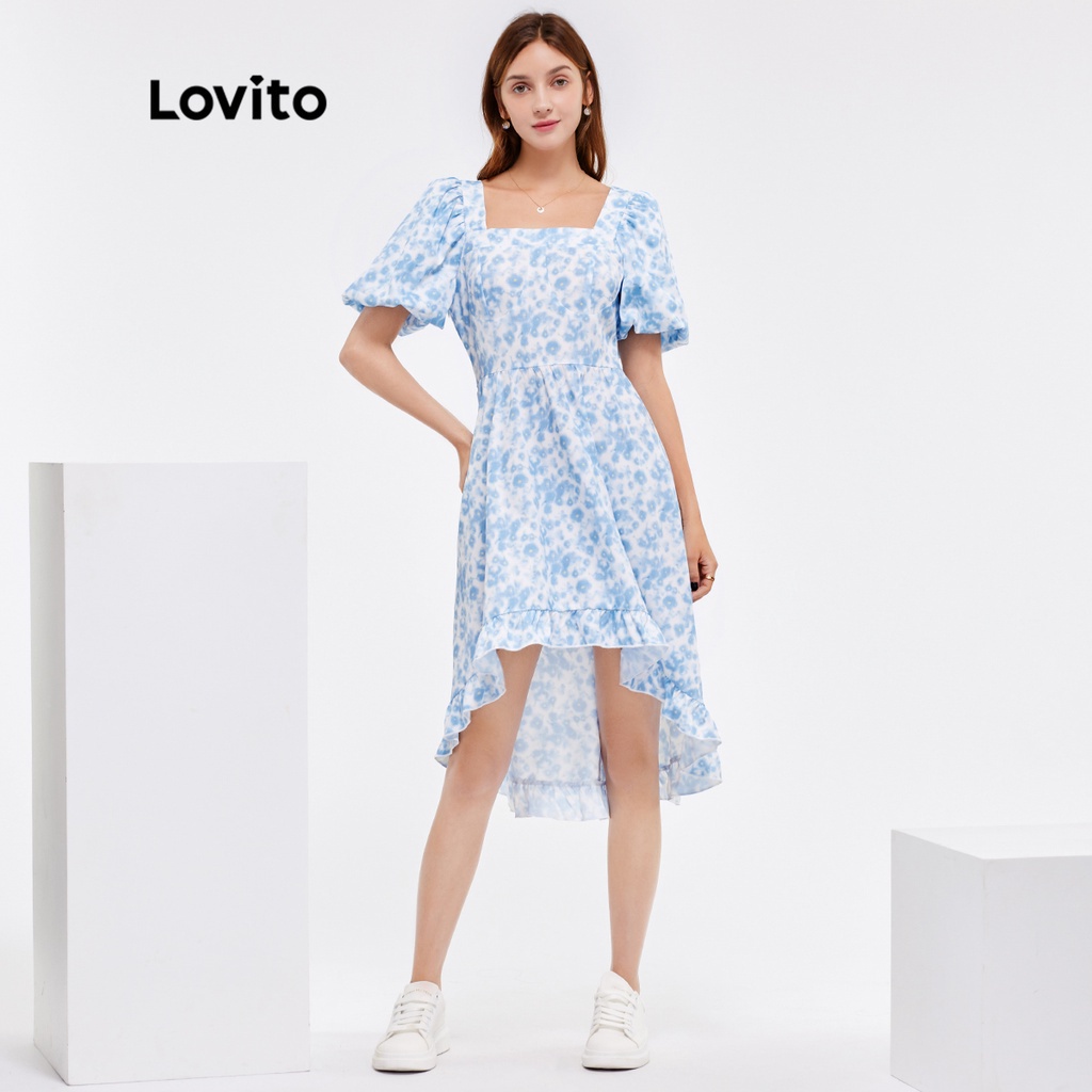 14iku ชุดเดรสโลวิโตคอเหลี่ยมต่ําไม่สมมาตรน่ารัก L25AD168 (สีน้ําเงิน)