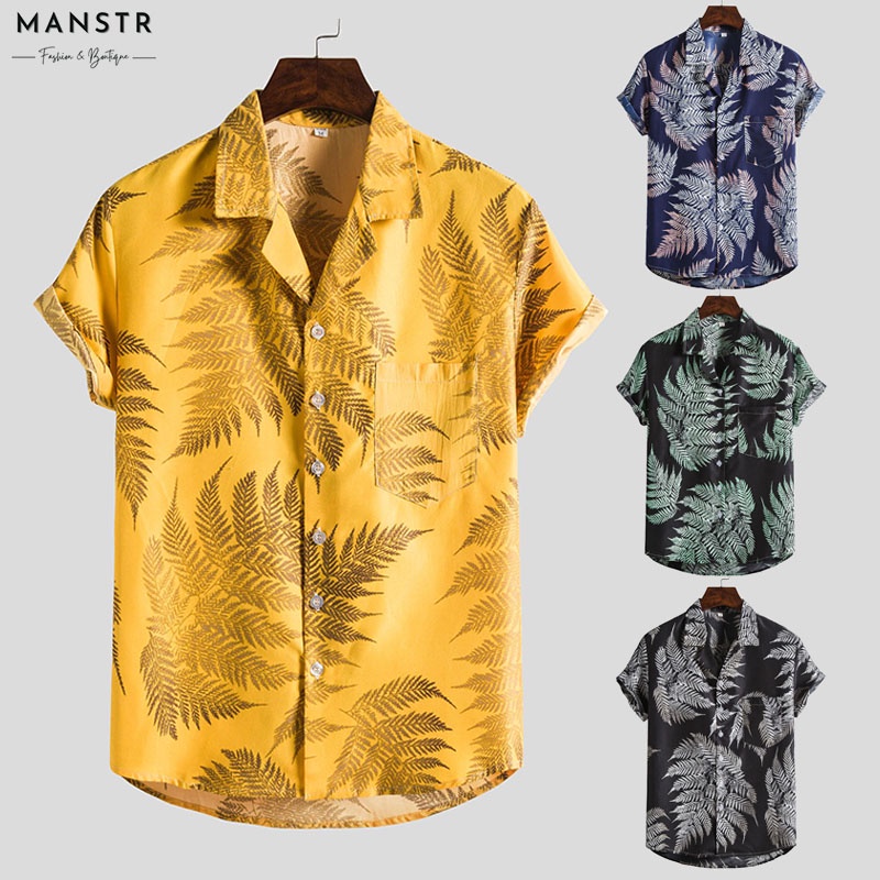 เสื้อเชิ้ตแขนสั้นลําลอง คอปก พิมพ์ลายดอกไม้ ทรงหลวม เข้ากับทุกการแต่งกาย สไตล์ฮาวาย สําหรับผู้ชาย มีสีดํา สีเหลือง สีเขียว