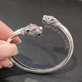 กำไลเงินแท้ หน้าเสือวนมาบรรจบกัน ดวงตาฝังทับทิมแท้ Sterling silver 925 NSSV2975