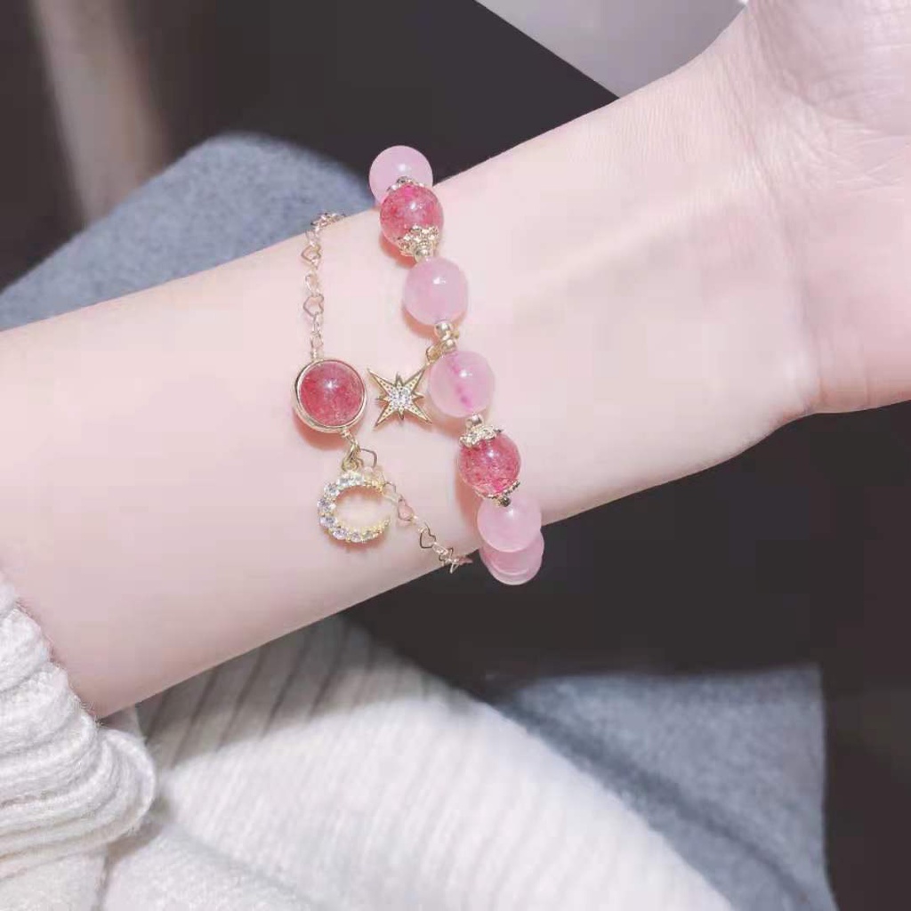 MINDO หินธรรมชาติ 100%สร้อยข้อมือปี่เซี่ยะหินมูนสโตน โชคดี มั่งคั่ง ความรักโรสควอทซ์ มาดากัสการ์ NO. PinkStar&Moon A+B