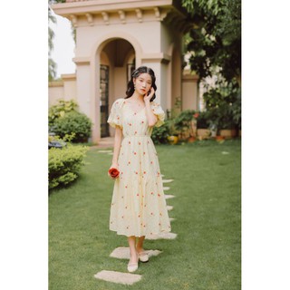 058 Sweet Peach : Mohana Dress เดรสยาวสีเหลืองปักลายดอกไม้