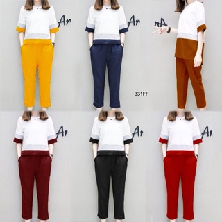 [Ead Shop] เซต 2 ชิ้น เสื้อแขนศอก ตัดต่อผ้า3สี +กางเกงขาหกส่วน  เสื้อผ้า แฟชั่น  ส่งเร็ว ได้รับสินค้าแน่นอนคะ