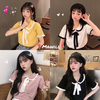 🌟Mawill🌟เสื้อครอปไหมพรม ดีเทลขอบระบายผูกอก เสื้อไหมพรม เสื้อแขนสั้น เสื้อครอป เสื้อผ้าแฟชั่นผู้หญิง #5108