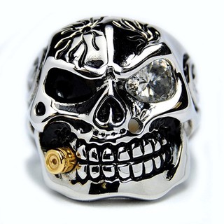 Vintage Fashion Punk Skull Ring with Diamonds &amp; Bullet Gold Plated Mens Jewelry