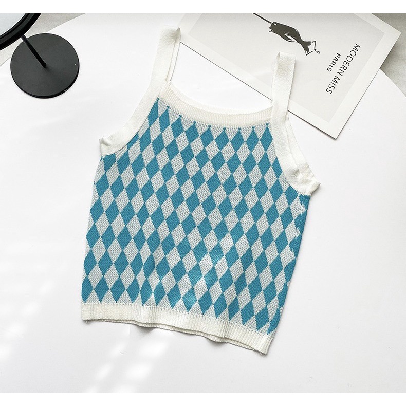 SHOP_MKL🌿เสื้อสายเดี่ยวไหมพรมลายตาราง ผ้านิ่มใส่สบาย#32075 - รูปที่ 4