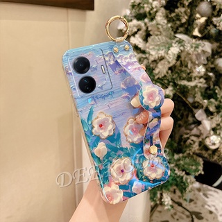 เคสโทรศัพท์มือถือ VIVO X80 X70 T1 T1X Y01 Y76 Y75 Y73 Y33T Y33S Y21A Y21T Y21S Y21 Y15A Y15S V23 V23E 5G Shiny Bling Smartphone Case with Wristband TPU Soft Flower Phone Casing Girl Back Cover