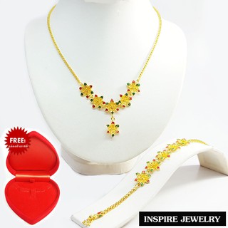 Inspire Jewelry(NN),ชุดเซ็ท สร้อยคอทองลงยา สร้อยข้อมือทองลงยา รูปดอกไม้   หุ้มทองแท้ 100%  พร้อมกล่องกำมะหยี่ครบเซ็ทหรู