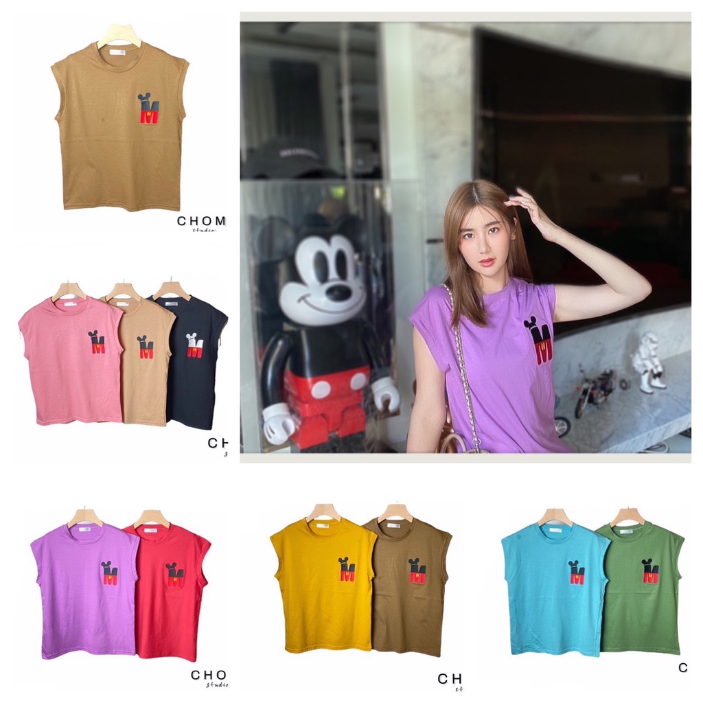 CHOM เสื้อยืดคอกลมแขนล้ำ ปักตัว​ M T-Shirtnista (A6a)