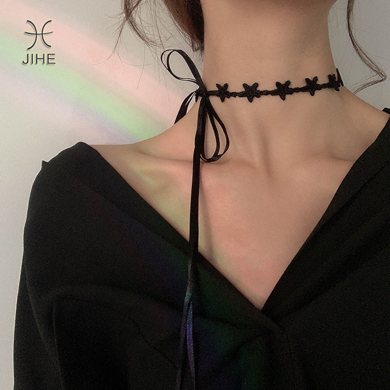 【JIHE】สร้อยคอโชคเกอร์ โซ่ ไหปลาร้า โบว์ดาวห้าแฉก สีดํา เครื่องประดับแฟชั่น สไตล์ญี่ปุ่น และเกาหลี