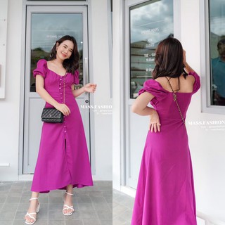 MASS Fashion : เดรสยาวสีม่วง สม็อคหลัง Dress - Magenta Long