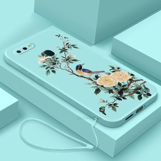 เคสโทรศัพท์มือถือ TPU นิ่ม ขอบตรง ลายดอกไม้ และนก พร้อมสายคล้อง สําหรับ oppo a5s a12 a7 f9