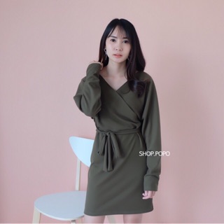 Olive green dress เดรสผ้าริบ สีเขียวแบบกำลังฮิต