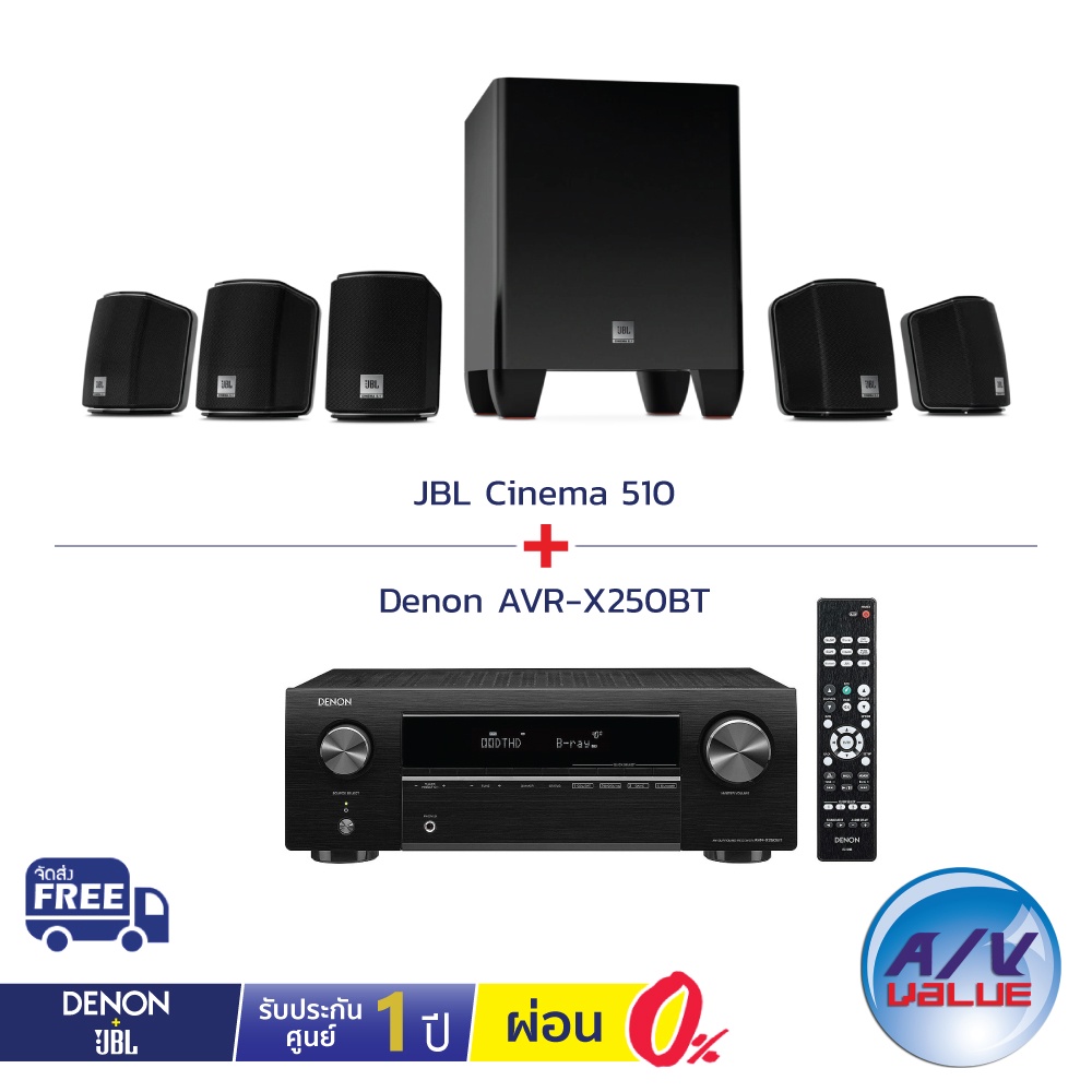 Denon AVR-X250BT 5.1 Ch. 4K Ultra HD AV Receiver with Bluetooth + JBL Cinema 510 ** ผ่อนชำระ 0% **