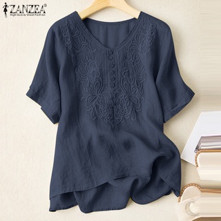 Zanzea เสื้อเบลาส์ แขนสั้น ปักลายดอกไม้ สไตล์วินเทจ สําหรับผู้หญิง