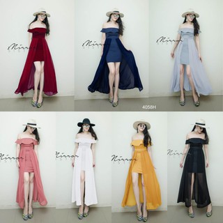 👗Pfashion [ส่งไว!!🚛] P4058 แม็กซี่เดรสปาดไหล่ผ่าหน้า