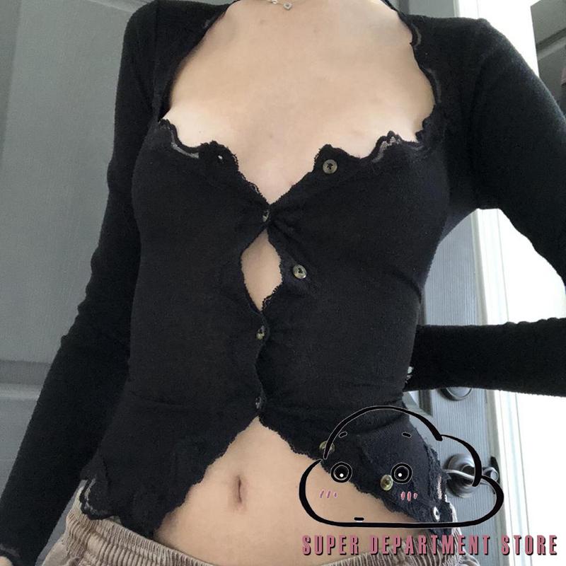 มัน◑Y2k เสื้อครอปท็อป แขนยาว แต่งขอบลูกไม้ สีดํา สไตล์วินเทจ สําหรับผู้หญิง