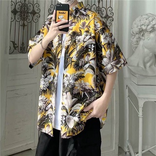 Unisex 🌴 เสื้อฮาวาย เสื้อเชิ้ตแขนสั้นผู้ชาย เกาหลีแฟชั่น ลายวินเทจดอก เสื้อสงกรานต์ พิมพ์ลายคอปกดอกไม้ ชุดเที่ยวทะเล เสื้อฮาวายชายผู้หญิงใส่ได้ hawaii shirt