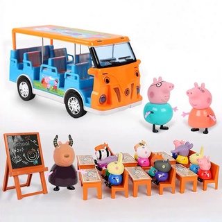 รถโรงเรียน Peppa Pig10 เพื่อนตัวน้อยของเล่นครอบครัวสี่เล่นบ้าน Peppa ตัวละครตุ๊กตาชุดสาวปิกนิกรถครัวของเล่นของขวัญ