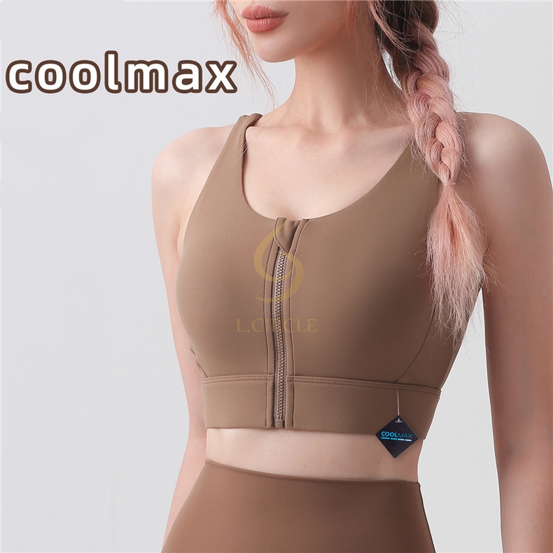L.CIRCLENew Coolmax Zipper Yoga Bra Cross Back กันกระแทกกีฬาฟิตเนส Bra
