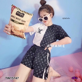 MF15747  set 2 ชิ้น เสื้อยืดแขนสั้น ผ้าคอตตอนทูโทนพิมลาย + กางเกงเอวยืดขาสั้น ผ้าคอตตอน แต่งแถบข้าง พิมลายกราฟฟิก งานสวย