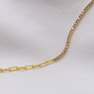 Baby Pink Tennis Necklace With Cubic Zirconia And Cuban Link Chain | สร้อยคอ เงินแท้ ชุบทอง 18 กะรัต