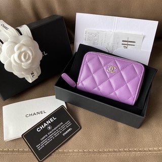 New! Chanel Classic Caviar Zip Card Holder GHW Holo32 สีม่วง อะไหล่ทองอ่อน