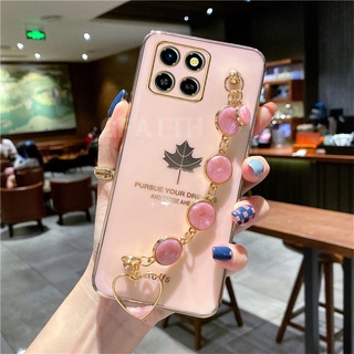 New เคส Infinix Smart 7 X6515 / Smart 6 HD / Smart6 Fashion Camera Lens Protection with Shell Bracelet Soft Case Maple Leaf Straight Edge Plating Cover เคสโทรศัพท์ Infinix Smart7 SMART6HD