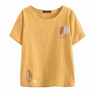 ┇㍿✿ผ้าฝ้าย 100% และผ้าลินินฤดูร้อนรูปแบบใหม่วรรณกรรมแขนสั้นเสื้อยืดผู้หญิงปักพลัสขนาดชุดแม่เย็บท้องป่าปกด้านบน