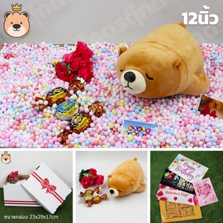เซ็ตเซอร์ไพรส์ ตุ๊กตาหมีนอน นุ่มนิ่ม (สีชา) size 12นิ้ว พร้อมช็อกโกแลต เม็ดโฟมคละสีเต็มกล่อง กล่องครึ่งA (แพ็คกล่องส่ง)