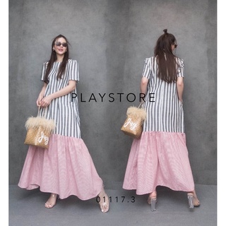 Tot-Hom Short Sleeve Stripe Maxidress Maxi dress แขนสั้นตัวยาวลายทาง ทรงเบสิค มีกระเป๋าล้วง2ข้างแพทเทิร์นใส่ง่าย