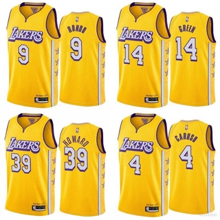 เสื้อกีฬาบาสเก็ตบอล แขนกุด ลายทีม NBA Jersey LA Lakers Rondo Howard Caruso สีเหลือง สไตล์คลาสสิก