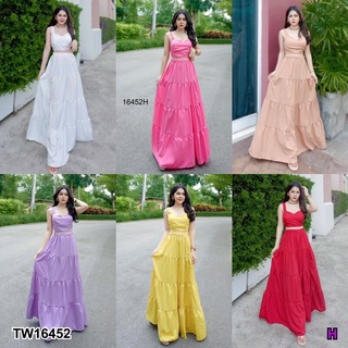 Set 2 ชิ้น สีพื้น เสื้อสายเดี่ยว + กระโปรงยาว ชุดเที่ยวทะเล 16452