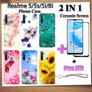 2 IN 1 Realme 5 / 5s / 5i / 6i เคสโทรศัพท์ พร้อมกระจกนิรภัย เซรามิค ป้องกันหน้าจอ โค้ง ฟิล์มนิรภัย ผีเสื้อ