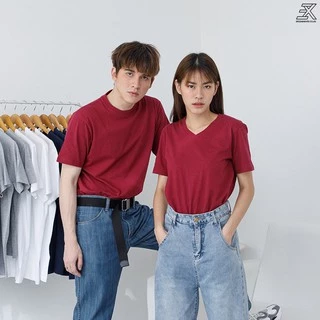 Expogarment เสื้อยืด คอกลม คอวี คอตตอน100% สีพื้น (ขาว ดำ กรม เลือดหมู) ไม่มีตะเข็บข้าง ไซส์S-2XL