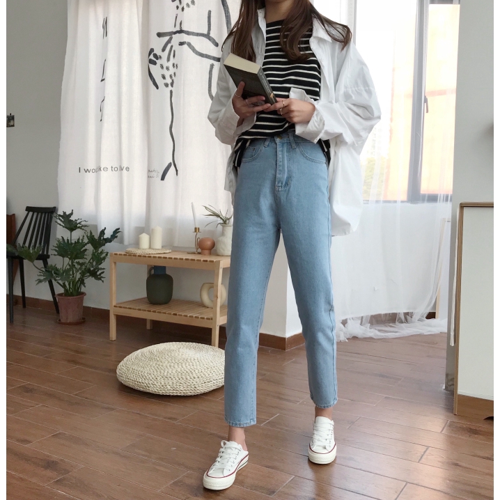 Happy-girl 3 กางเกงยีนส์ ขายาว สตรีสไตล์เกาหลี เล็กตรงเอวสูงสี หลวม ไม้ใหม่ 2018 🌟