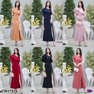 SS17919 เดรสยาว แต่งระบายเฉียงไหล่ ผ่าแหวกหน้า Long dress, scalloped shoulders, slit in front