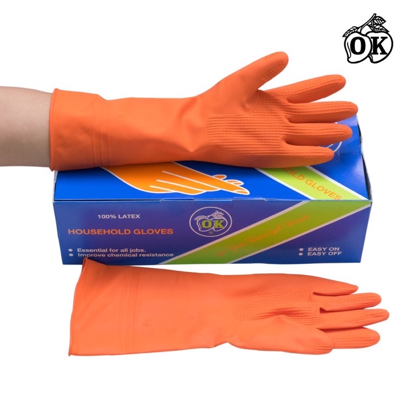 ถุงมือยาง ถุงมือแม่บ้าน สีส้มและสีเนื้อ ยี่ห้อ OK