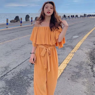 จั้มสูทปาดไหล่ผ้ายืดอัดพลีท