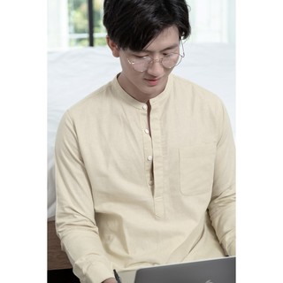 Delhi เสื้อเชิ้ตผู้ชายแขนยาว คอตั้งผ้าคอตตอนผสมลินินซ่อนกระดุมสี Pale Lime