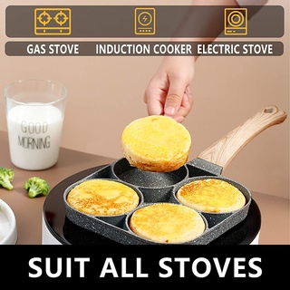 ♧❒Kitchen Cooking Breakfast Maker Four-hole Frying Pot Thickened Omelet Pan Non-stick Egg Steak Pancake Wooden Handle Fr